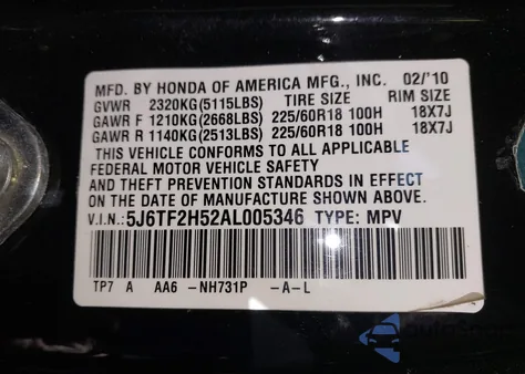 2010 Honda Accord Crosstour Ex-L from USA, damaged, VIN 5J6TF2H52AL005346